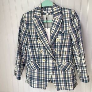 Veronica Beard Empire Dickey Jacket Blue Multi Plaid Linen Blend Size 0
